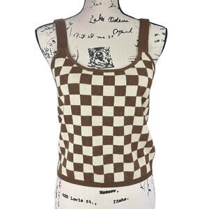 Willow & Wind Crop Tank Women Size L Brown Cream Y2K Preppy Checkered Knit Top